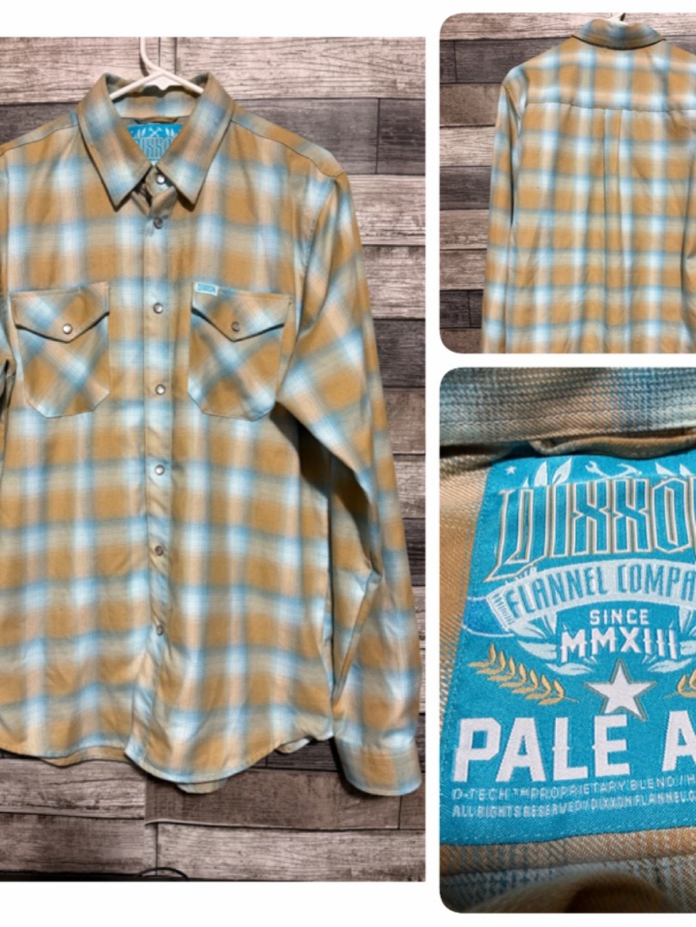 Dixxon Pale Ale Flannel Shirt Men’s L Tall Tan Blue Plaid Snap Button Up